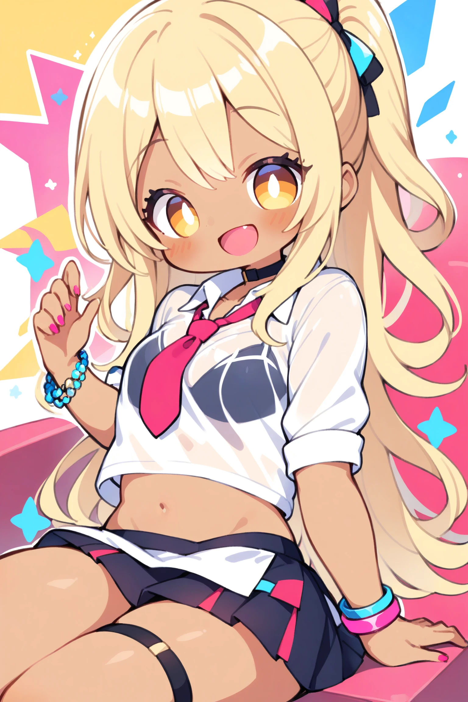 1girl, blonde hair, flat chest, dark skin, choker, white crop top, bra visible through shirt, necktie, bracelet, skirt, thigh strap BREAK, happy, :d, sitting, Gyaru, Flashy girl