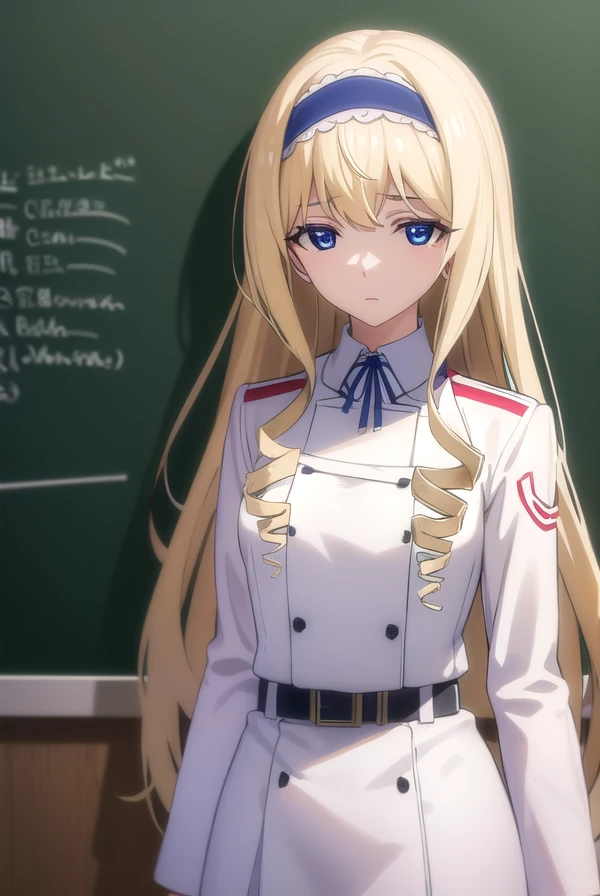 ceciliaalcott, <lora:cecilia alcott s2-lora-nochekaiser:1>,
cecilia alcott, long hair, blue eyes, blonde hair, hairband, drill hair, blue hairband,
BREAK school uniform, ribbon, blue ribbon, long sleeves, (red trim:1.2), uniform, military uniform, (white military uniform:1.5),
BREAK indoors, classroom,
BREAK looking at viewer, (cowboy shot:1.5),
BREAK <lyco:GoodHands-beta2:1>, (masterpiece:1.2), best quality, high resolution, unity 8k wallpaper, (illustration:0.8), (beautiful detailed eyes:1.6), extremely detailed face, perfect lighting, extremely detailed CG, (perfect hands, perfect anatomy),