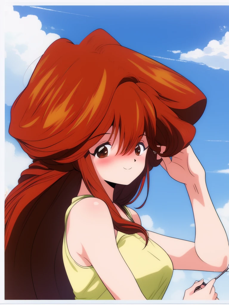 <lora:Kawai_Iyona:1>, Iyona, 1girl, soro, brown eyes, brown hair, red hair, long hair, bangs, hair between eyes, smile, under body,
sky, blush,
masterpiece, high quality, very_high_resolution, large_filesize, full color,