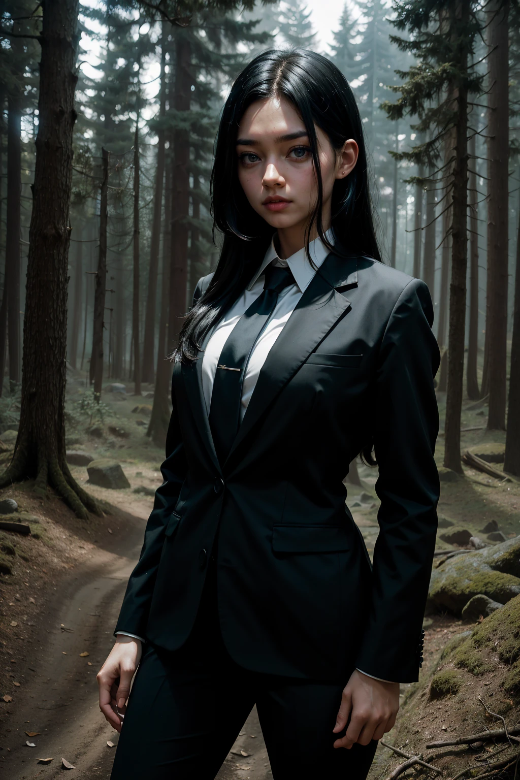 8k,highres, best quality, 1girl, black hair, long hair, forest, front light, tie, shirt, suit,