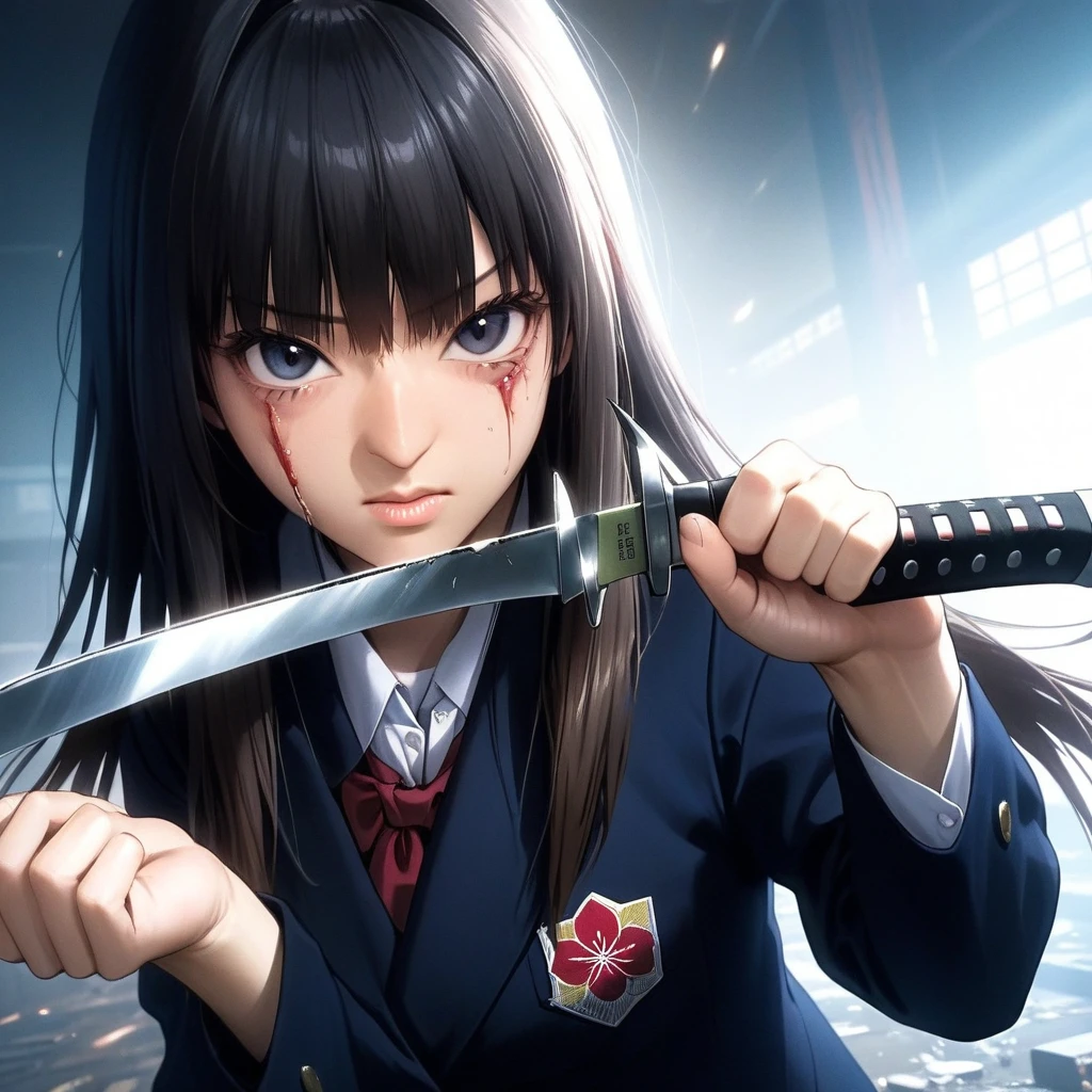 Ultra-Realistic extremely derailed 8k photo Masterpiece of 1 beautiful 22-year-old japanese gogo woman wearing school uniform, holding a knife fighting stance, smirkingextremely detailed eyes and facial features <lora:gogo woman:1>, epic beautiful lighting and breathtaking composition <lora:Perfect Hands:1> Perfect Hands