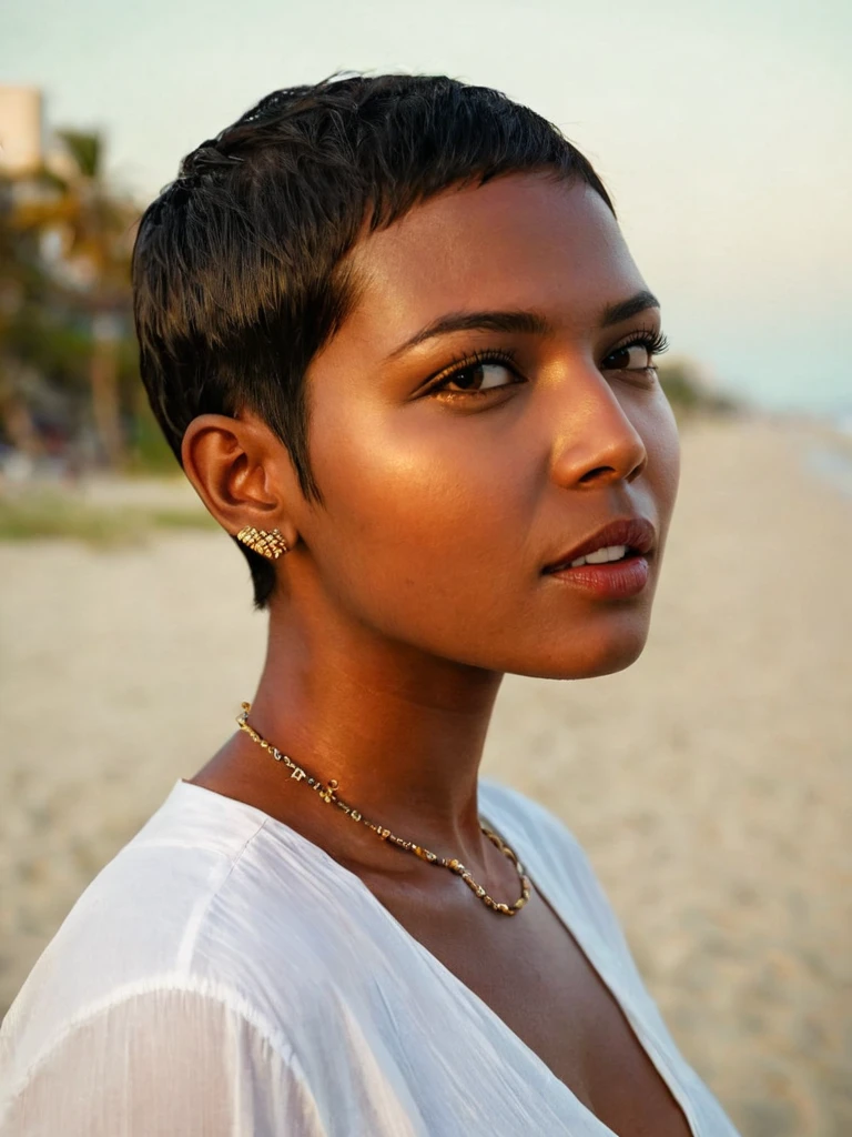 woman, indian, dreaming, (looking away:1.7), surprised<lora:A_SHort_Cut_v3_SDXL:1.2>(very short hair:1.2), buzz cut:1.2), dark skin, on the beach, white shirt, (sunny day),
