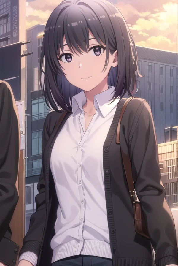 harunoyukinoshita, <lora:haruno yukinoshita s2s3-lora-nochekaiser:1>,
haruno yukinoshita, short hair, hair between eyes, (black eyes:1.5), black hair, gradient hair, two-tone hair, purple hair, smile,
BREAK shirt, white shirt, collared shirt, cardigan, black cardigan,
BREAK outdoors, city, sky, sun, people, crowd, buildings, clouds,
BREAK looking at viewer,
BREAK <lyco:GoodHands-beta2:1>, (masterpiece:1.2), best quality, high resolution, unity 8k wallpaper, (illustration:0.8), (beautiful detailed eyes:1.6), extremely detailed face, perfect lighting, extremely detailed CG, (perfect hands, perfect anatomy),