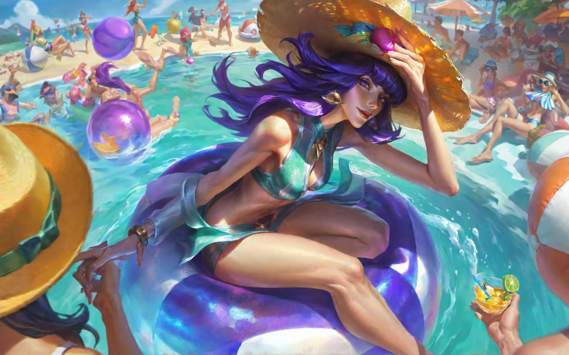 best aesthetic, lolsplashart, pool party syndra, 1girl, violet hair, floating orbs, water manipulation, confident gaze, beach attire, sun hat, beach chair, beach ball, seaside cabana, tropical fruit, azure water, playful atmosphere, friends enjoying a vibrant summer scene. with her violet hair flowing, exudes confidence as she playfully manipulates floating orbs. Dressed in stylish beach attire and a sun hat, she sits by a beach chair overlooking the azure water. The scene is enriched with a beach ball, seaside cabana, and tropical fruit, creating a dynamic and joyful atmosphere. Friends are seen enjoying the pool party ambiance, adding to the lively energy of the artwork. The piece captures the perfect blend of elegance and playfulness amid the summer festivities