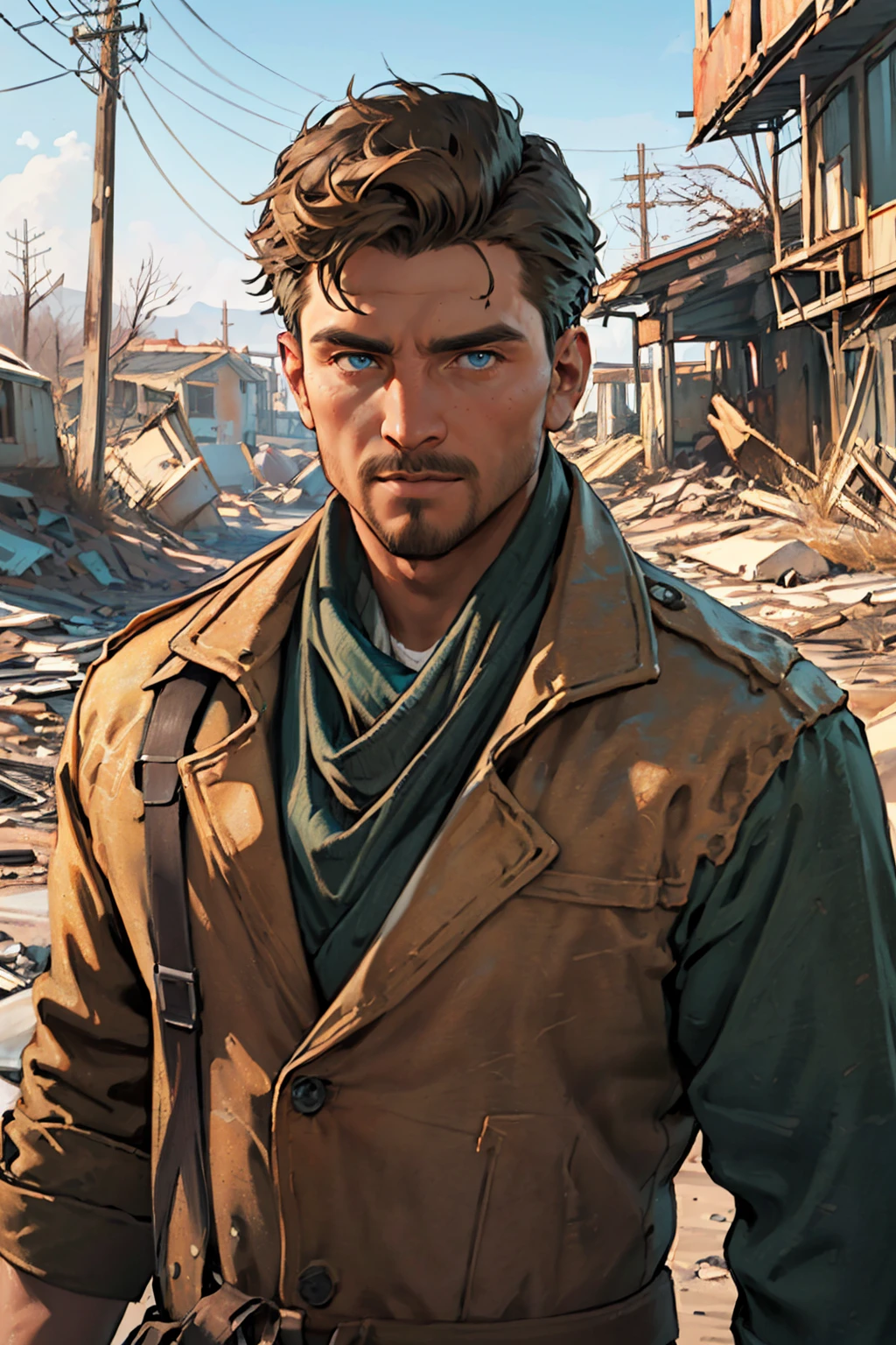 Robert MacCready,  blue eyes,  light brown hair,  facial hair,  tan duster coat,  ammo pouches,  long-sleeved,  white undershirt,  military green scarf,  military green pants,  fit body,  handsome,  charming,  alluring,  dashing,  intense gaze,  (standing),  (upper body in frame),  ruined overhead interstate,  Fallout 4 location,  post-apocalyptic ruins,  desolated landscape,  dark blue sky,  polarising filter,  perfect light,  only1 image,  perfect anatomy,  perfect proportions,  perfect perspective,  8k,  HQ,  (best quality:1.2,  hyperrealistic:1.2,  photorealistic:1.2,  madly detailed CG unity 8k wallpaper:1.5,  masterpiece:1.2,  madly detailed photo:1.2),  (hyper-realistic lifelike texture:1.2,  realistic eyes:1.2),  picture-perfect face,  perfect eye pupil,  detailed eyes,  realistic,  HD,  UHD,  (front view:1.2),  portrait,  looking outside frame,<lora:EMS-498-EMS:0.200000>,<lora:EMS-263369-EMS:0.500000>