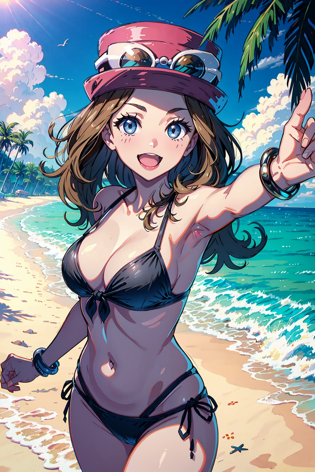 masterpiece, best quality, <lora:serena:1>,serena (pokemon), 1girl, swimsuit, long hair, bikini, breasts, solo, hat, brown hair, sunglasses, day, open mouth, eyewear on headwear, outdoors, sky, navel, cloud, smile, beach, jewelry, side-tie bikini bottom, medium breasts, cleavage, blue eyes, bracelet, pink headwear, grey eyes, looking at viewer, black bikini, :d, eyewear on head, outstretched arm