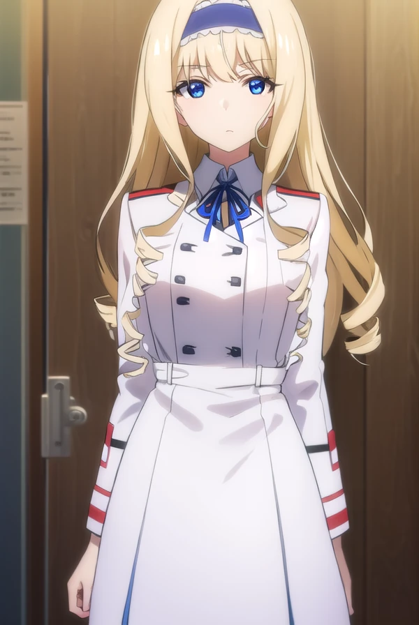 ceciliaalcott, <lora:cecilia alcott s2-lora-nochekaiser:1>,
cecilia alcott, long hair, blue eyes, blonde hair, hairband, drill hair, blue hairband,
BREAK school uniform, ribbon, blue ribbon, long sleeves, (red trim:1.2), uniform, military uniform, (white military uniform:1.5),
BREAK indoors, classroom,
BREAK looking at viewer, (cowboy shot:1.5),
BREAK <lyco:GoodHands-beta2:1>, (masterpiece:1.2), best quality, high resolution, unity 8k wallpaper, (illustration:0.8), (beautiful detailed eyes:1.6), extremely detailed face, perfect lighting, extremely detailed CG, (perfect hands, perfect anatomy),