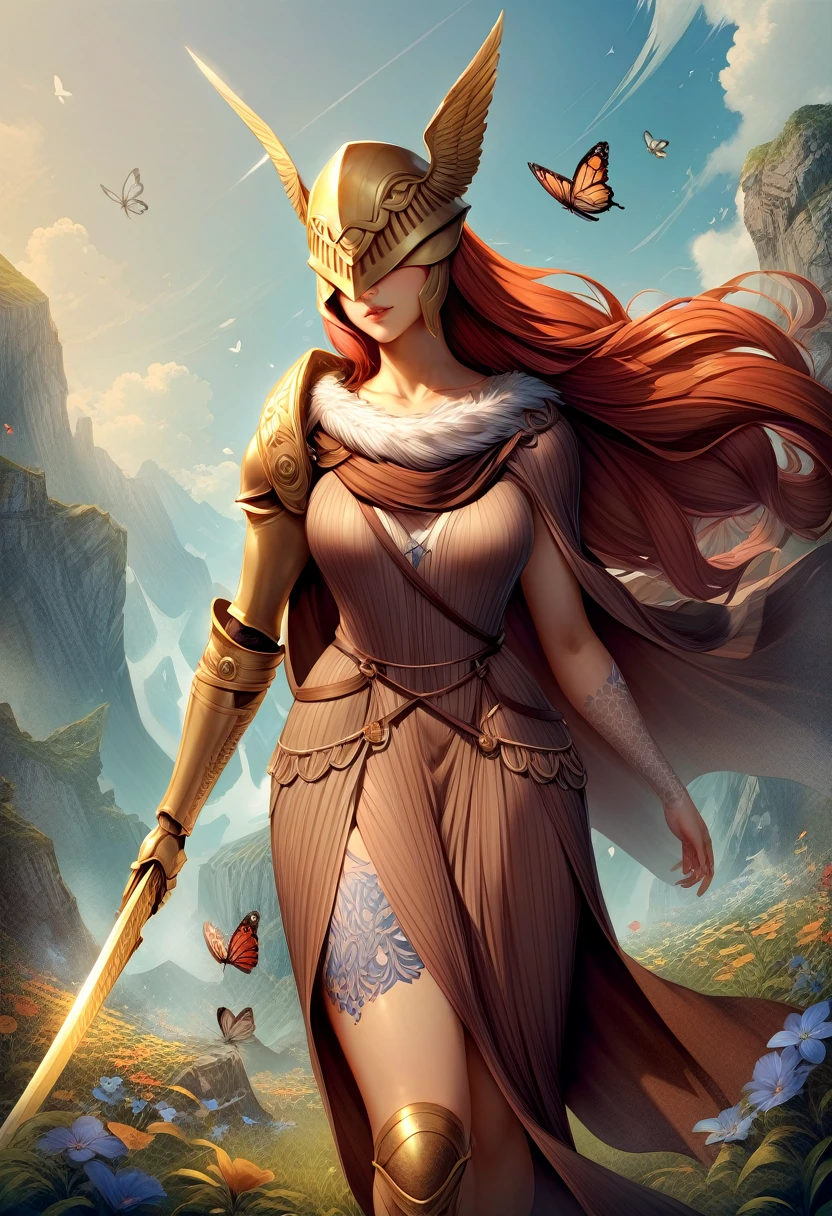 1girl, MaleniaDef, armor, cape, helmet, brown dress, covered eyes, prothestic leg, single mechanical arm, prosthesis, <lora:MaleniaXLV2:0.9>, sword, holding sword, flower, butterfly, bug,