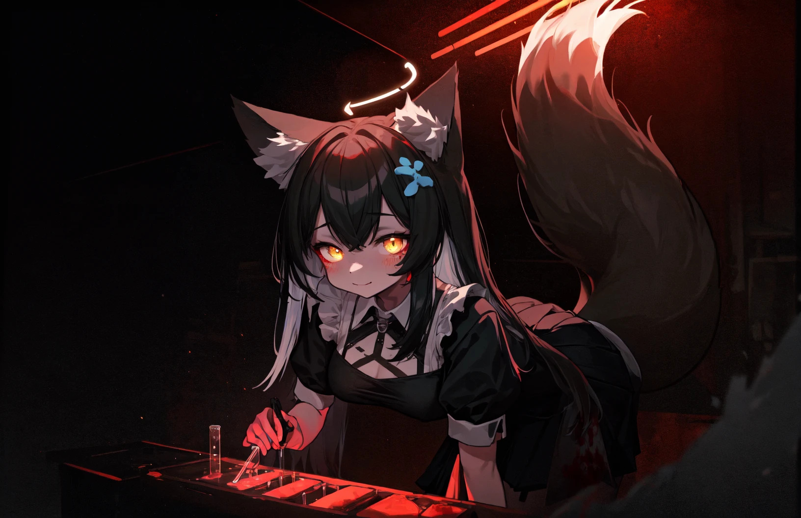 1girl,
wakamo \(blue archive\), blue archive, animal ear fluff, fox ears, fox girl, fox tail, halo, large breasts, long hair, mask, multicolored hair, tail ornament, yellow eyes, black hair, wearing maid uniform with short skirt and breasts cutout, bare chest, hips, ass,
holding own tail, happy,
scary nightmare, mysterious, (laboratory, hospital, test tubes, x-rays, operating table), (nighttime), gloomy, foggy, silent hill, blood, (rust, cracked walls), spooky, (cinematic lighting), chromatic lighting, glowing red lights, garbage on the ground, crumpled up newspaper <lora:beudelb_kl_n_a8_da:0.6>