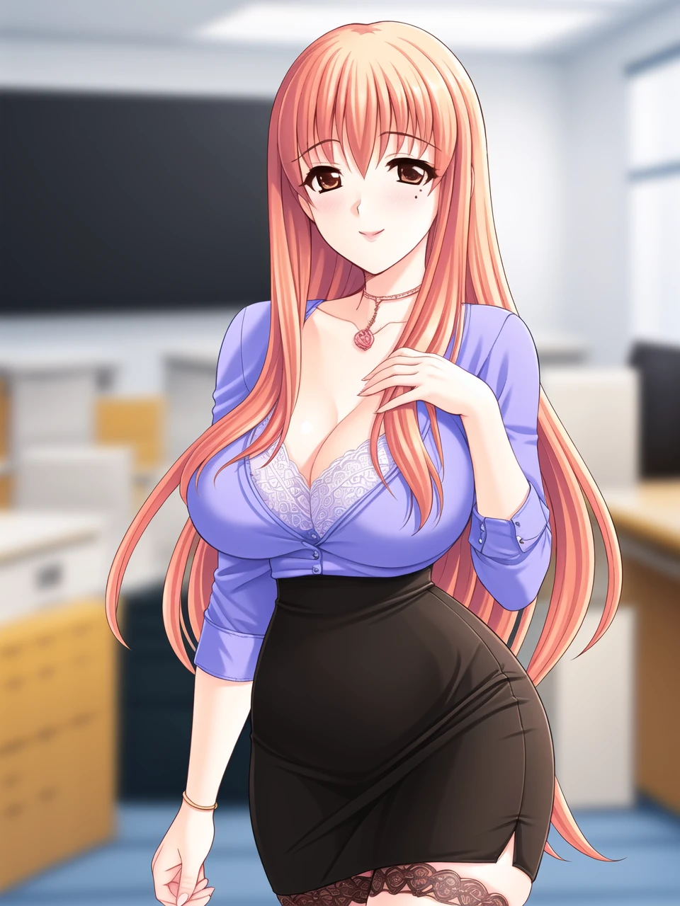 <lora:Takeuchi_Himeka_lora_v2:0.66>, (mole:0.7), brown_eyes, long_hair,
best quality, (8k), (4k),(Masterpiece), (Best Quality), extremely detailed, game cg, intricate, hyper detailed, illustration, Beautiful body,Beautiful Nose,Beautiful character design, perfect eyes, perfect face,
(1girl:1.2), (full_body:1.3), upper body, indoors, (pov), (office lady), milf, (mature female:1.3), office,
(black legwear thigh highs), curvy, (black garter straps), high-waist skirt, (pencil skirt), black thighhighs, (business_suit), necklace, cleavage, lace-trimmed bra, high_heels,
standing, closed mouth, huge breasts, looking at viewer, (smile:0.8),