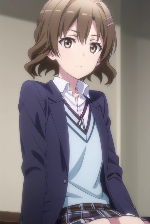 kaoriorimoto, <lora:kaori orimoto s2s3-lora-nochekaiser:1>, 
kaori orimoto, short hair, brown hair, hair ornament, (brown eyes:1.5), hairclip, smile,
BREAK skirt, ribbon, school uniform, jacket, black jacket, plaid, plaid skirt, blazer, sobu high school uniform,
BREAK indoors, classroom,
BREAK looking at viewer,
BREAK <lyco:GoodHands-beta2:1>, (masterpiece:1.2), best quality, high resolution, unity 8k wallpaper, (illustration:0.8), (beautiful detailed eyes:1.6), extremely detailed face, perfect lighting, extremely detailed CG, (perfect hands, perfect anatomy),