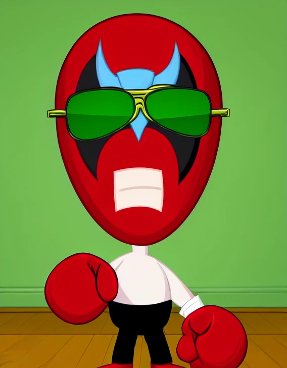 strongbad, luchador, 1man, close up, red mask, male, green eyes, chibi, solo, black pants, red boots, boxing gloves, indoors background, sunglasses <lora:Strongbad-000013:0.8>