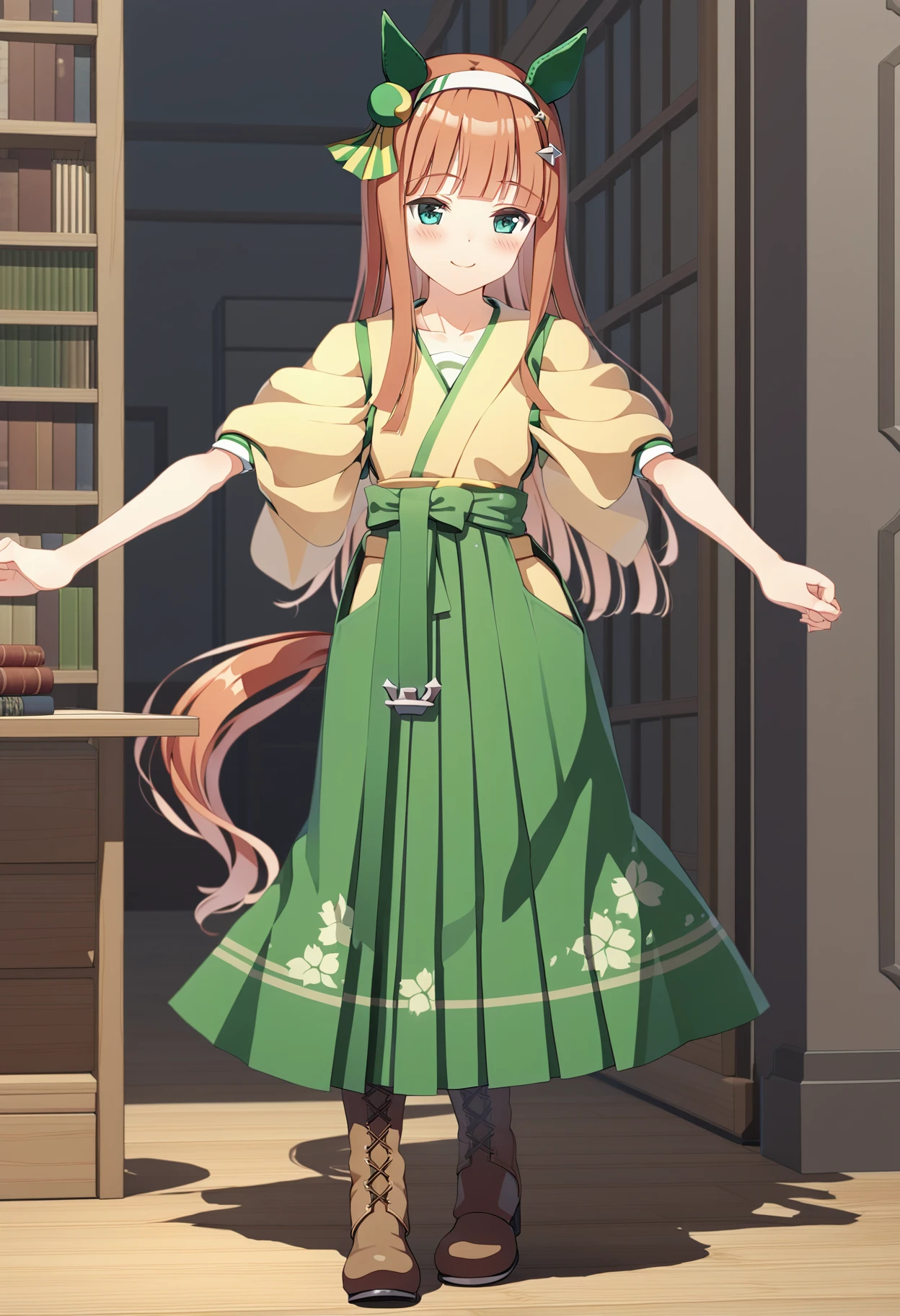 1girl, silence suzuka \(umamusume\), umamusume, himeyamato, full body, standing, yellow kimono, green hakama, hakama skirt, collarbone, spread arms, short sleeves, ((tasuki)), anchor, cross-laced footwear, boots, brown footwear, horse tail, smile, blush, natural lighting, (masterpiece, best quality), detailed scenery, colorful library, wooden desk, floral print skirt, (3d render:1), watercolor \(medium\), <lora:kamikazes_animaginexl_2-44:0.9>
