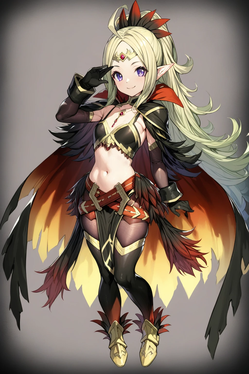 1girl,<lora:resplendent nowiXL:1>,resplendent nowi,elbow gloves,tiara,circlet,cape,black gloves,jewelry,black bra,navel,multiple belts,pelvic curtain,pantyhose,armored boots,full body,smile,looking at viewer,ultra-detailed,best quality,masterpiece