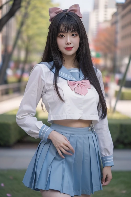 ltra-detailed,highly detailed,best quality,masterpiece,illustration,realistic,photorealistic,
hutao, solo, 1girl, cosplay,
school uniform, sailor collar, serafuku, long sleeves, bowtie, pleated skirt, midriff peek,
long hair, bangs, hair bow,
looking at viewer, cowboy shot, standing,
outdoors, day, photo background, grass, park,cherry blossoms, falling petals, wind,
<lora:hutao_jk_v1_03:0.7>
