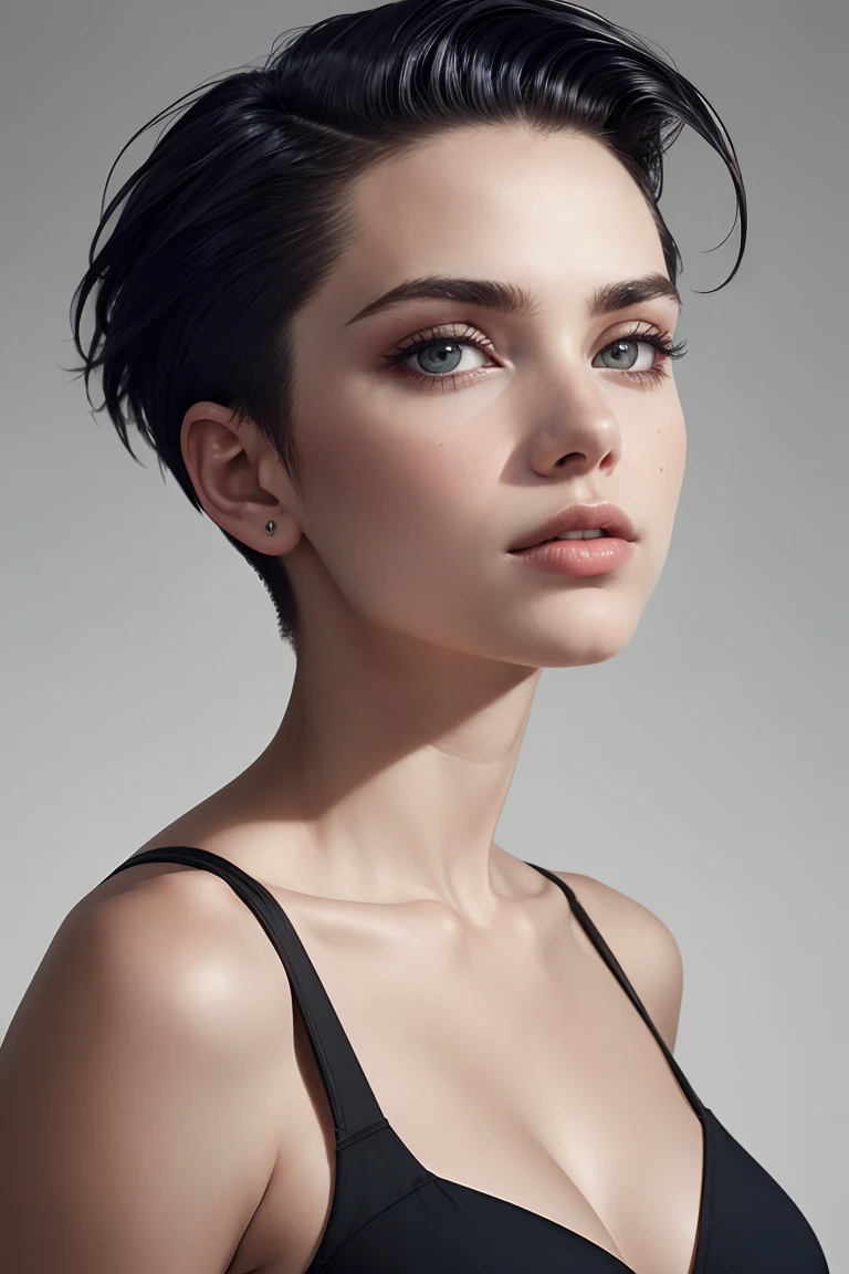 (close-up:1.0) photo of (CR-NataliaVodianova-frankyfrank2k:0.9) as (young:1.0) woman, (oiled skin:1.0), (tilted angle shot:1.0), (slick undercut hair:1.2), (8k uhd:1.0), (best quality:1.0), (masterpiece:1.0), (sharp focus:1.0), (basic grey backdrop:1.0)