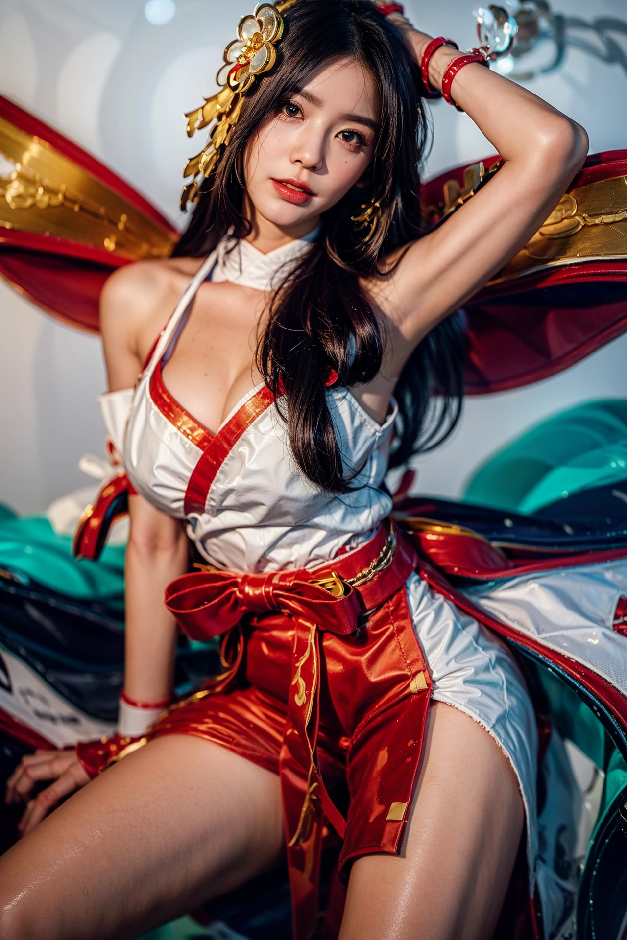 (masterpiece), (top quality), (ultra high definition), (8k, uhd), (realistic:1.4), RAW photos, (reality_ realistic 원시 사진, whole body), (1 girl), ari_(League of Legends), desert fox, fox tail, black hair ,yellow eyes, Temptation, standing, looking straight ahead, Beautiful, detailed eyes, delicate and beautiful face, beautiful nose, beautiful mouth, red lips, smile, Floating, (High saturation), (shining), realistic 빛, light tracking, Without a pattern, high detail, Clear brightness and business card ratio, Delicate and vivid color expression, ah4, long hair, black hair, face mark, many tails, fox tail, Japanese costume, exposed shoulders, underwear, panties, white knee socks, hair ribbon, Round big, Perfectly pretty hands, 매끈하고 Perfect 비율 다리, Perfect 비율 몸매, Chubby and pretty butt, black fox ears, falling snow, Perfect, dress,