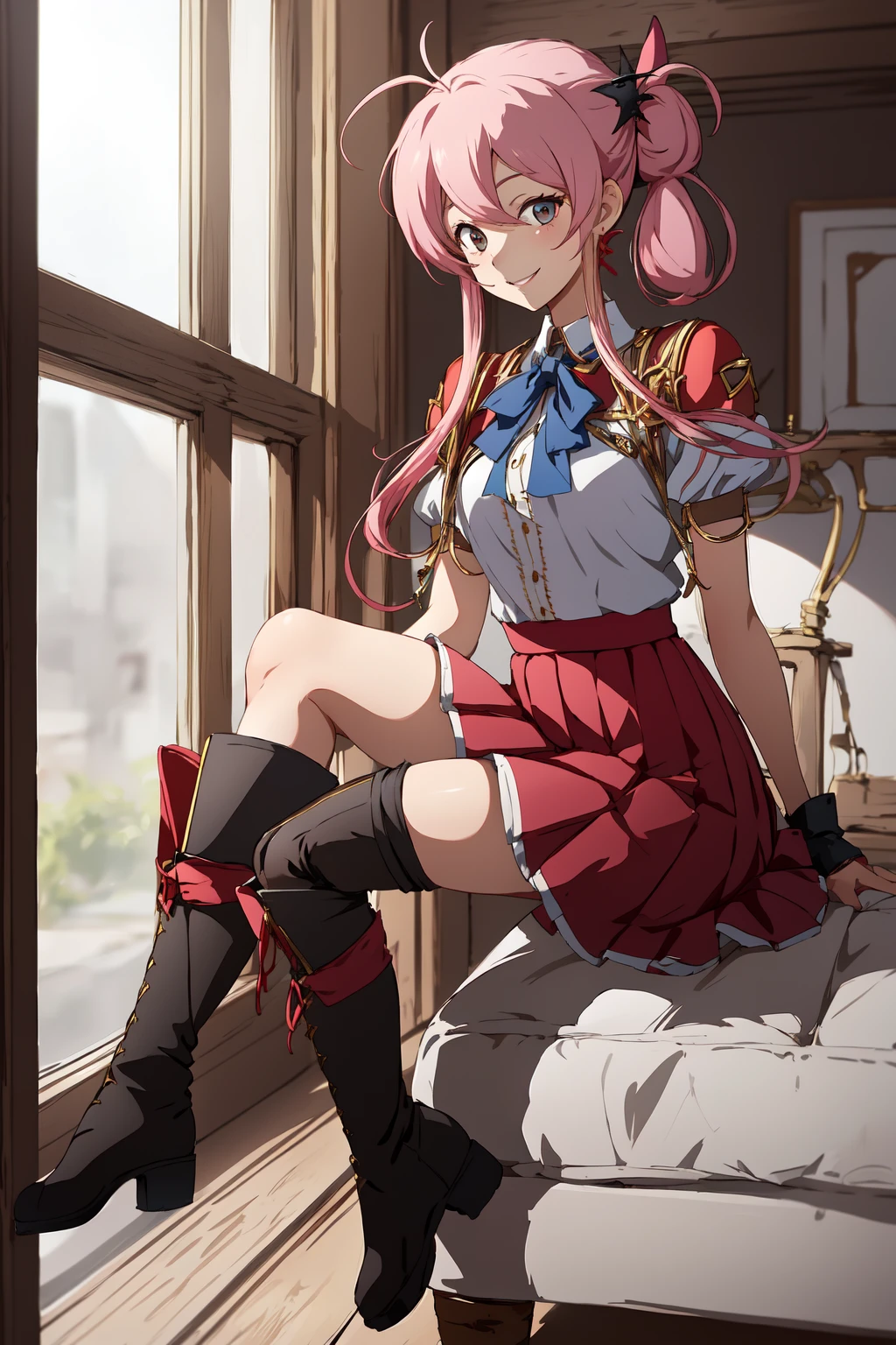 (RAW photo, best quality), 1girl, natural lighting, indoor,, <lora:langrisser_mobile_almeda_v1_2-000005:1>, almeda_langrisser_mobile, smile, hair ornament, knee boots, miniskirt, red skirt,