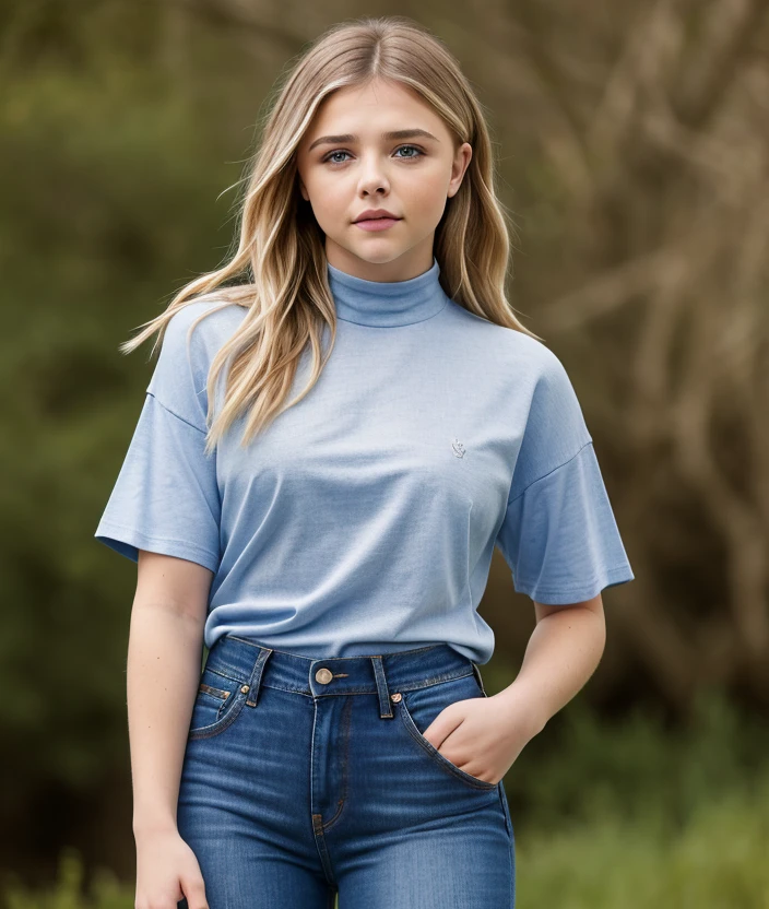 <c0lm0>, upper body, breast, Colorful blurred nature background, Jeans and high neck t-shirt, intricate, detailed eyes, seductive pose, smile
