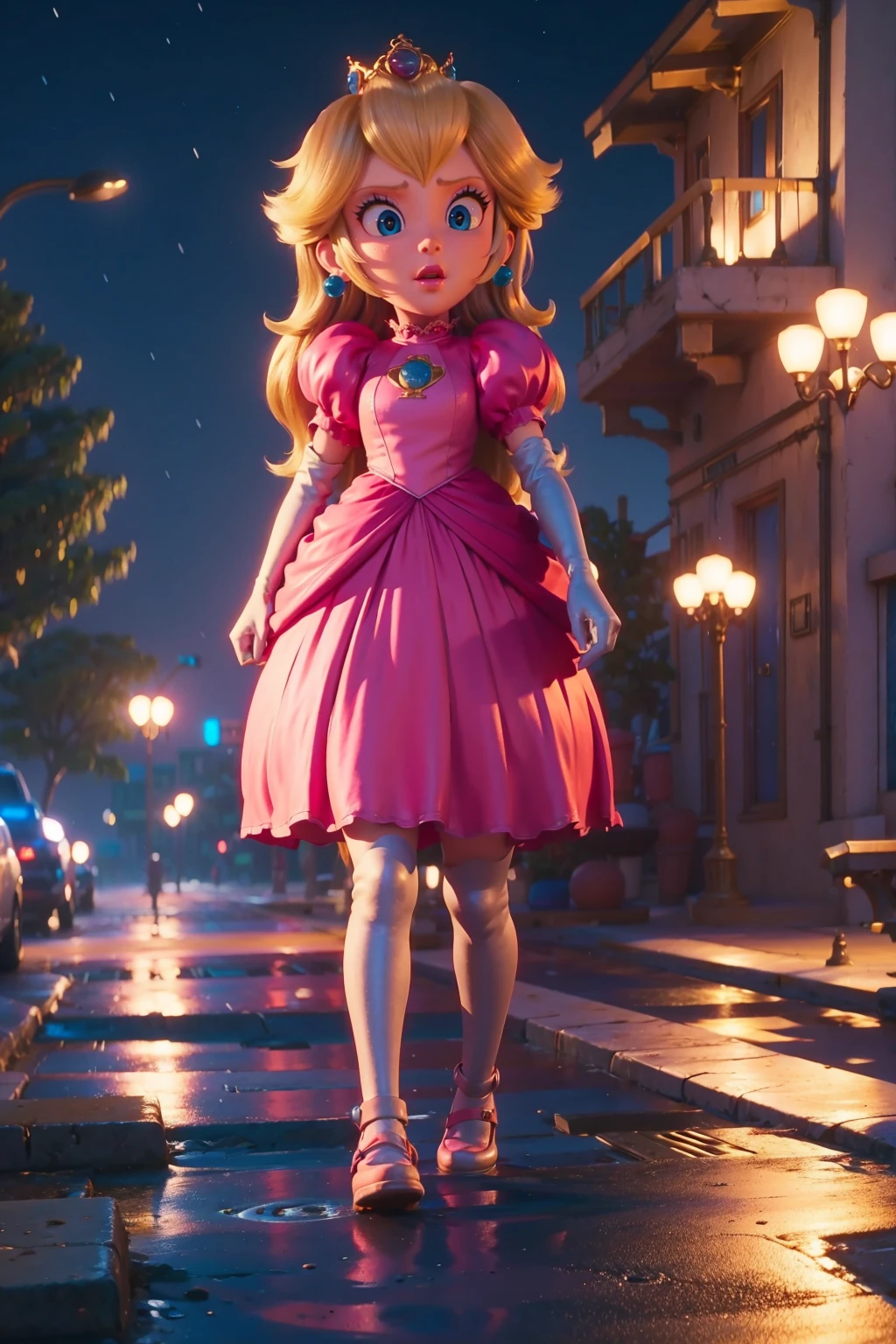 nsfw, 8k,highres, wallpaper, best quality, 3d animation,1girl, mpeach,  looking at viewer, outdoors, night, wet,  street, 
<lora:mpeachv3:0.9>