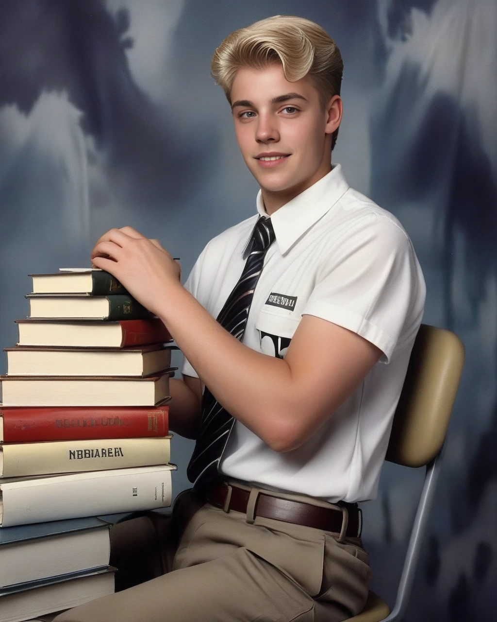 yearbook shot, bookworm pose, 
sitting on chair, hands on books,
short sleeves,
man, blonde hair
 <lora:yearbookshot_v1:0.8>