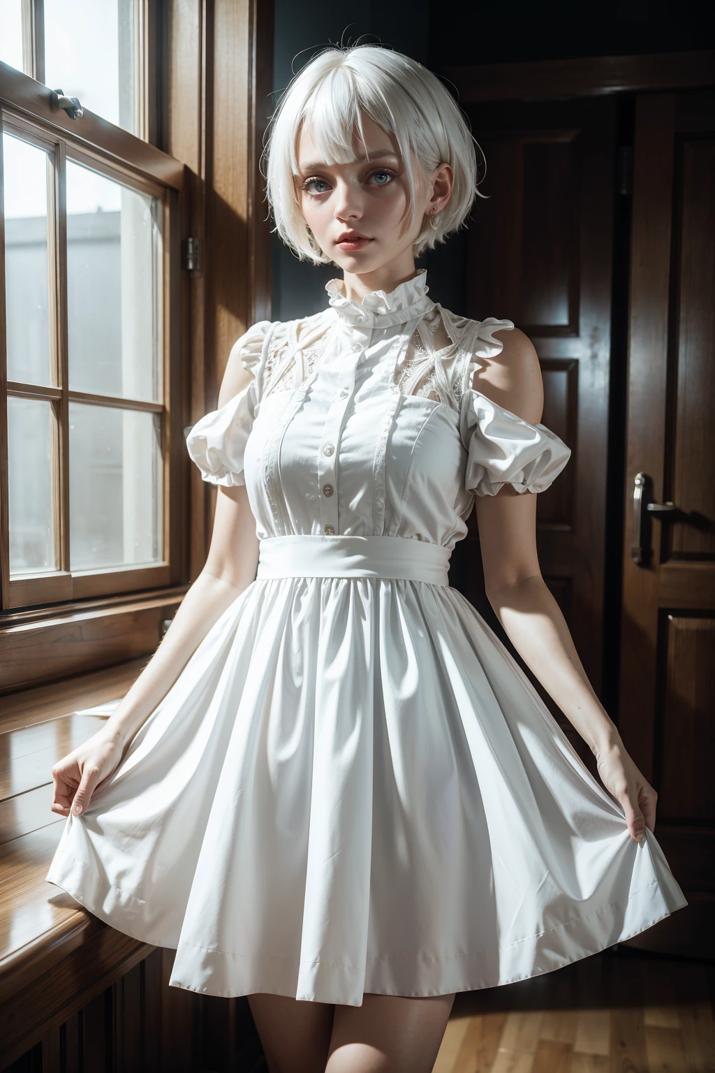 8k,highres, best quality, 1girl, white hair, short hair, indoors, dress,