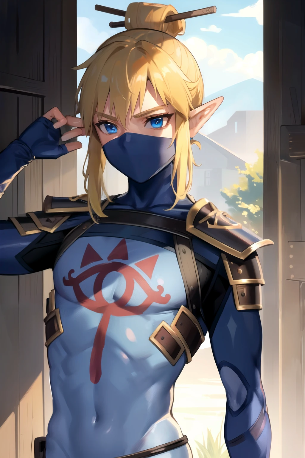 (masterpiece), (best quality),
detailed face,  1boy, solo,
stealthlink, pointy ears, blonde hair, mask, armor, blue eyes, bodysuit, single hair bun, <lora:LinkStealth-14:0.7>