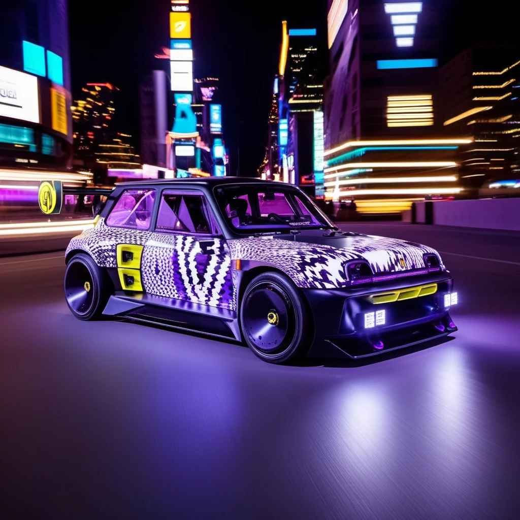 Long exposure photo of cinematic photo Long exposure photo of R5e1024, an pearly purple electric rally, car, text ''CivitAI", new york, neon ligths, photography, ultra sharp, film, professional, 64k <lora:add-detail-xl:1.5> <lora:R5Turbo3E-1024-000235:0.8> . Blurred motion, streaks of light, surreal, dreamy, ghosting effect, highly detailed