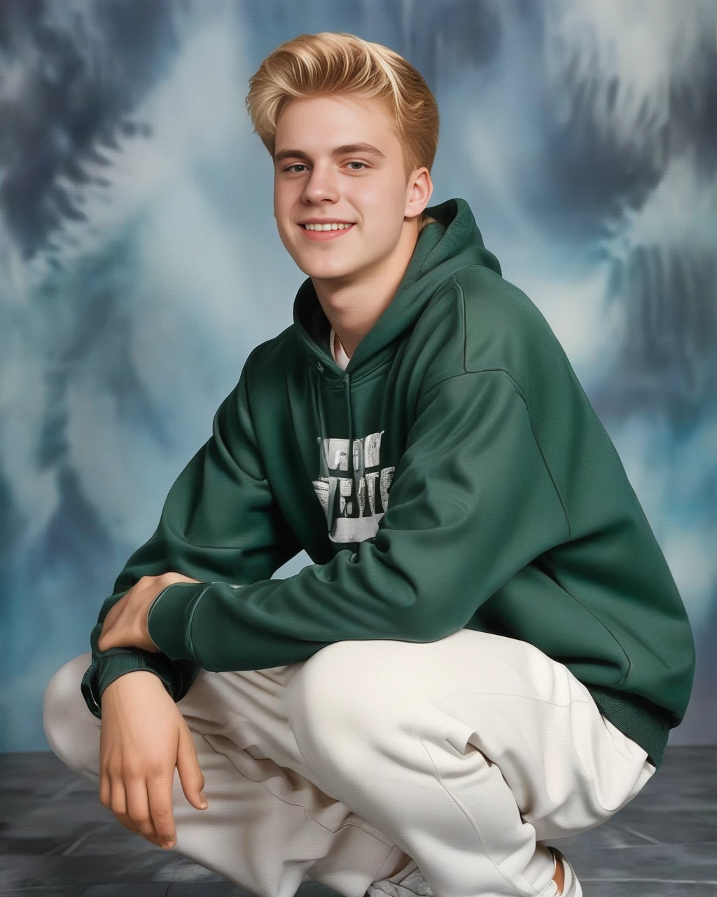 yearbook shot, squat pose,  squatting,
full shot,
hoodie, white pants,
man, blonde hair,
yearbook background
 <lora:yearbookshot_v1:0.8>