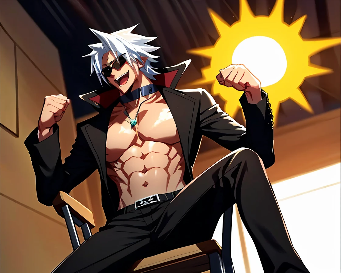 absurdres, highres, ultra detailed, HDR, master piece, best quality, extremely detailed face, delicated features, Dabi, white hair, expressive turquoise eyes, boku no hero academia, solo, sexy man, handsome, toned chest, horny, sensual, erotic, white coat, black boxers, red couch, sitting, room