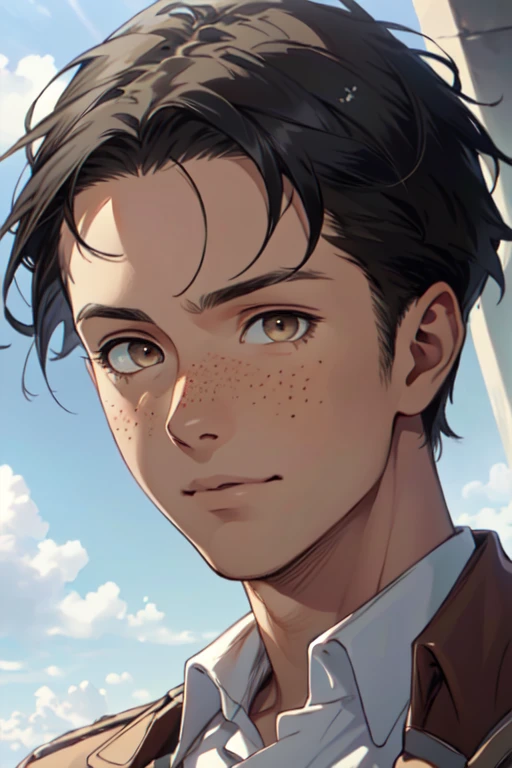 Marco Bodt from Attack on Titan,  (short hair:1.2) (black hair,  center-parted short hair,  short curtained hair:1.2),  (bare forehead:1.2),  (light brown eyes,  normal size eyes),  wearing pure white collared shirt,  youthful,  freckles,  handsome,  charming,  alluring,  friendly,  (standing),  (upper body in frame),  simple background,  green plains,  cloudy blue sky,  perfect light,  only1 image,  perfect anatomy,  perfect proportions,  perfect perspective,  8k,  HQ,  (best quality:1.5,  hyperrealistic:1.5,  photorealistic:1.4,  madly detailed CG unity 8k wallpaper:1.5,  masterpiece:1.3,  madly detailed photo:1.2),  (hyper-realistic lifelike texture:1.4,  realistic eyes:1.2),  picture-perfect face,  perfect eye pupil,  detailed eyes,  realistic,  HD,  UHD,  (front view:1.2),  portrait,  looking outside frame,<lora:EMS-265403-EMS:0.800000>