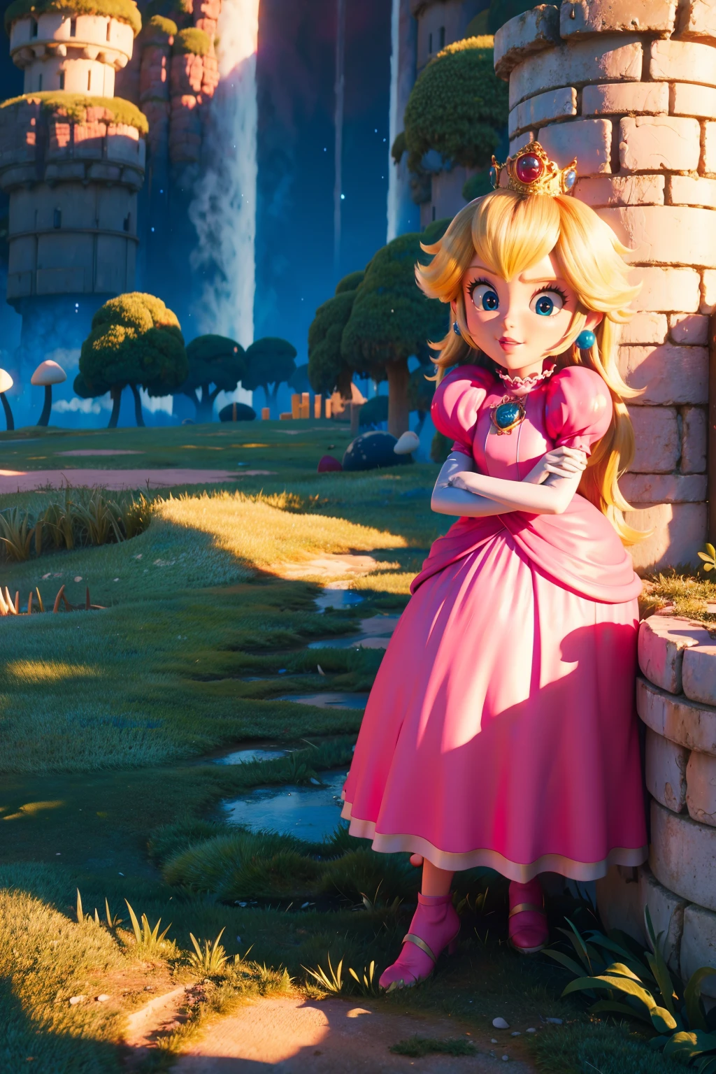 8k,highres,wallpaper, 3d, 3d animation, best quality, 1girl,looking at viewer,castle, mushroom, pink dress, holding a mushroom, 
<lora:mpeachv6:0.9>