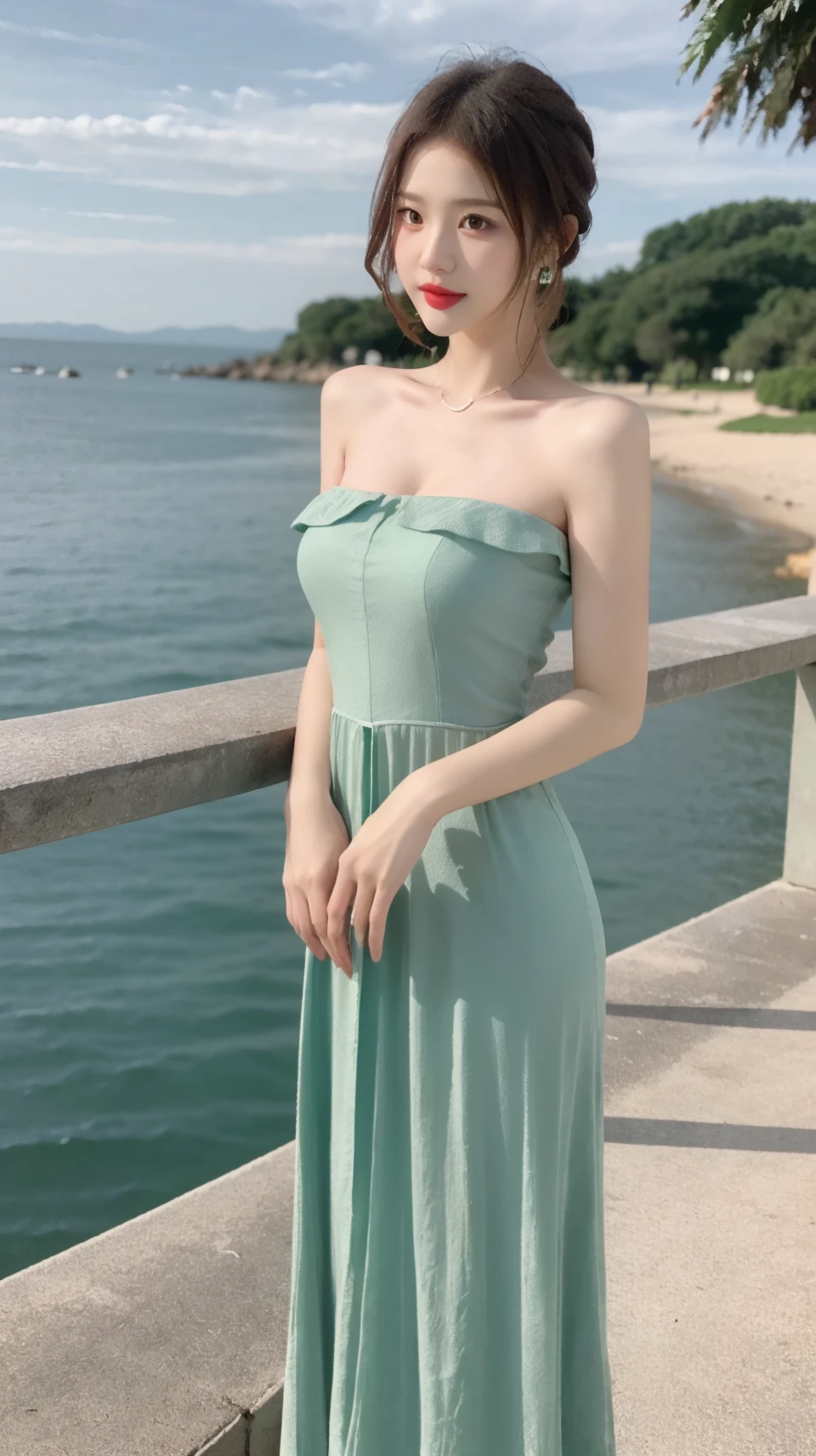 best quality,HDR,UHD,8K,Vivid Colors,solo,front mirror,photo_,(medium),cute & girly,(1girl:1.6),(standing:1.3),(looking at viewer:1.4),(outdoors:1.3),Elegant,detailed gorgeous face,(seaside:1.2),cloudy sky,sunlight,<lora:rc62:0.8>,rc,(green long dress:1.3),