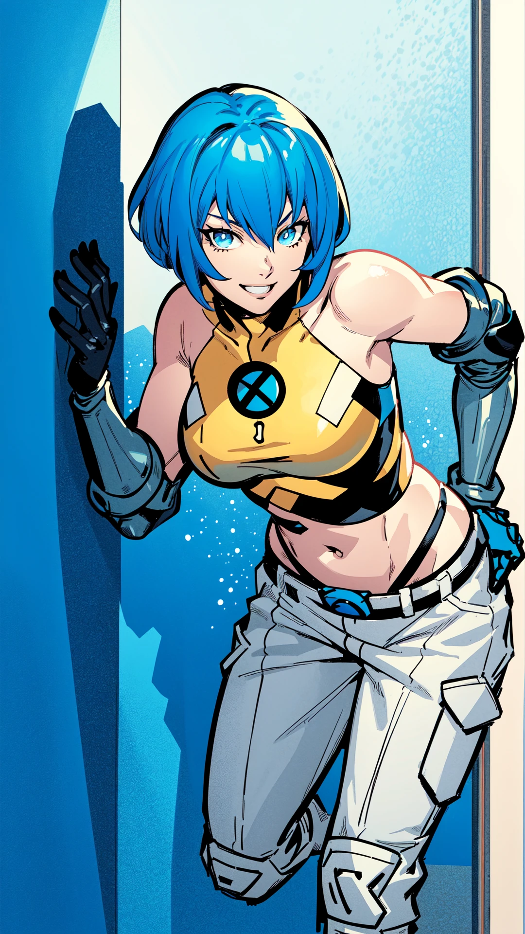 rhyth,blue eyes,facial mark,bob cut,head set,
blue turtleneck,detached sleeves,
standing,upper body,light smile,
night,streets,graffiti,
(insanely detailed, masterpiece, best quality),solo,<lora:Rhyth:0.8>,