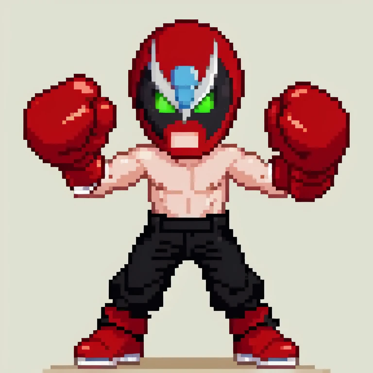 strongbad, luch libre, red mask, green eyes, chibi, solo, black pants, red boots, boxing gloves,  <lora:Strongbad-000013:1>