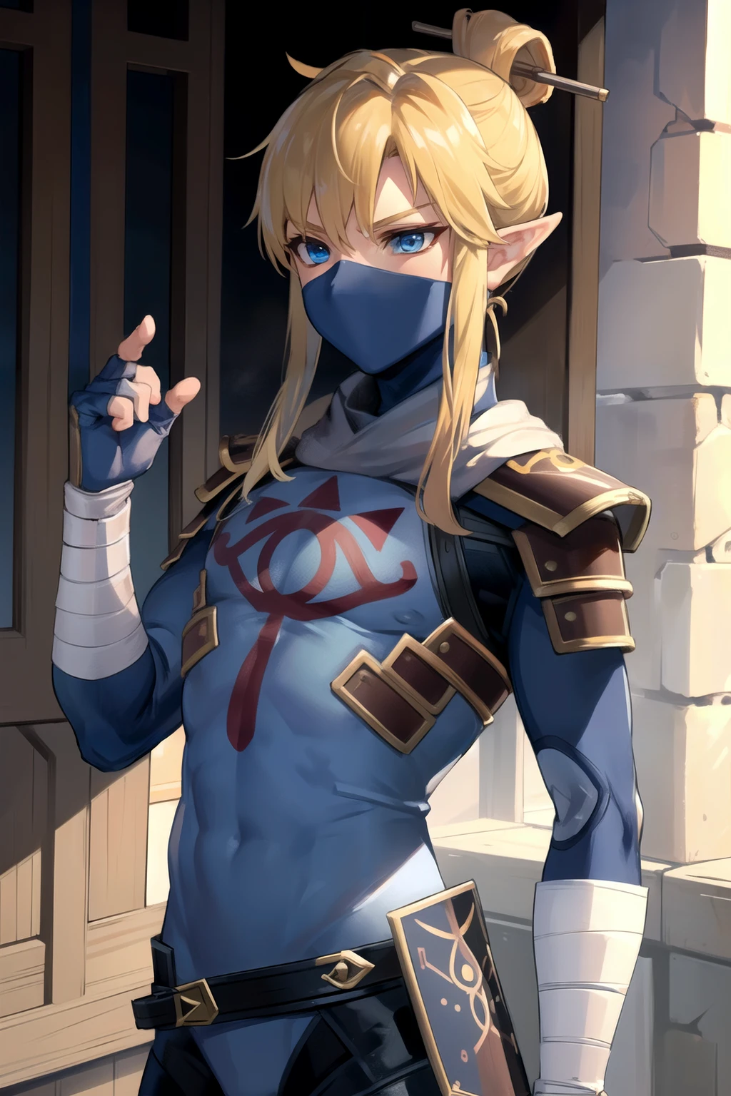 (masterpiece), (best quality),
detailed face, 1boy, solo,
stealthlink, pointy ears, blonde hair, mask, armor, blue eyes, bodysuit, single hair bun, <lora:LinkStealth-14:0.7>