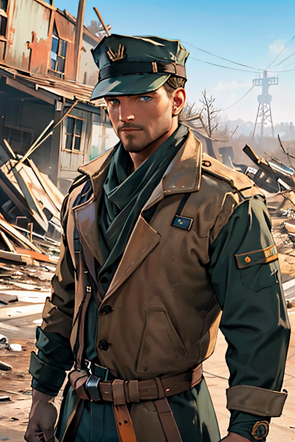 Robert MacCready,  blue eyes,  light brown hair,  facial hair,  tan duster coat,  (hat:1.2),  ammo pouches,  long-sleeved,  white undershirt,  military green scarf,  military green pants,  fit body,  handsome,  charming,  alluring,  dashing,  intense gaze,  (standing),  (upper body in frame),  ruined overhead interstate,  Fallout 4 location,  post-apocalyptic ruins,  desolated landscape,  dark blue sky,  polarising filter,  perfect light,  only1 image,  perfect anatomy,  perfect proportions,  perfect perspective,  8k,  HQ,  (best quality:1.2,  hyperrealistic:1.2,  photorealistic:1.2,  madly detailed CG unity 8k wallpaper:1.2,  masterpiece:1.2,  madly detailed photo:1.2),  (hyper-realistic lifelike texture:1.2,  realistic eyes:1.2),  picture-perfect face,  perfect eye pupil,  detailed eyes,  realistic,  HD,  UHD,  (front view:1.2),  portrait,  looking outside frame,<lora:EMS-498-EMS:0.100000>,<lora:EMS-263369-EMS:0.500000>