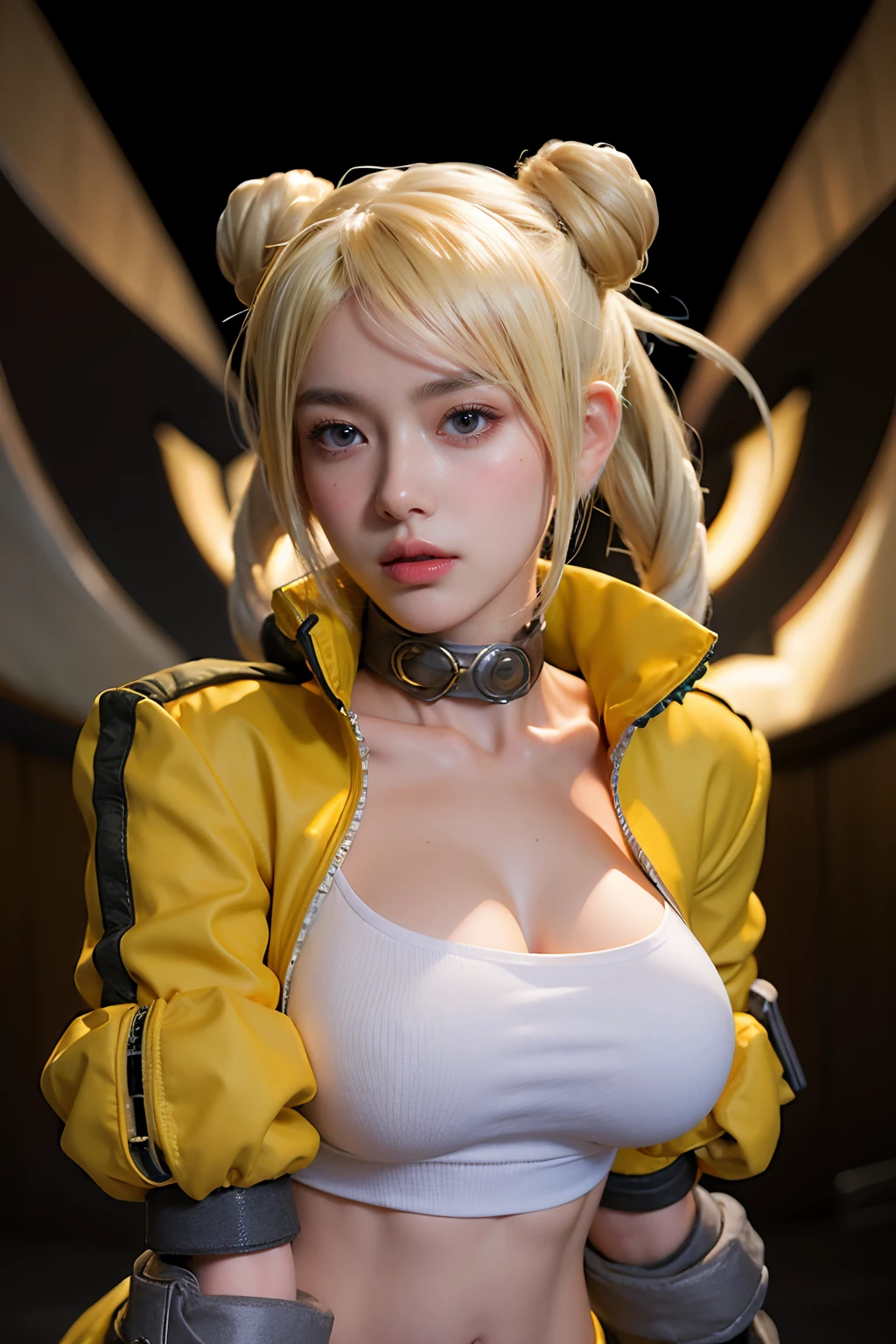 <lora:qi_heroic:0.8>, qi_heroic, 1girl, solo, long hair, blonde hair, beaytiful, gloves, standing, jacket, ass, breasts, (large breasts), barefoot, black gloves, midriff, pants, hood, fingerless gloves, hair bun, from behind, crop top, double bun, back, bandages, hood down, gauntlets, sleeves rolled up, single glove, cropped jacket, bandaged arm, tiptoes, yellow pants, navel, lips, <lora:add_detail:0.5>, realistic, photo realistic, Turn around, put your hand on your ass