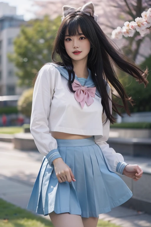 ltra-detailed,highly detailed,best quality,masterpiece,illustration,realistic,photorealistic,
hutao, solo, 1girl, cosplay,
school uniform, sailor collar, serafuku, long sleeves, bowtie, pleated skirt, midriff peek,
long hair, bangs, hair bow,
looking at viewer, cowboy shot, standing,
outdoors, day, photo background, grass, park,cherry blossoms, falling petals, wind,
<lora:hutao_jk_v1_03:0.7>