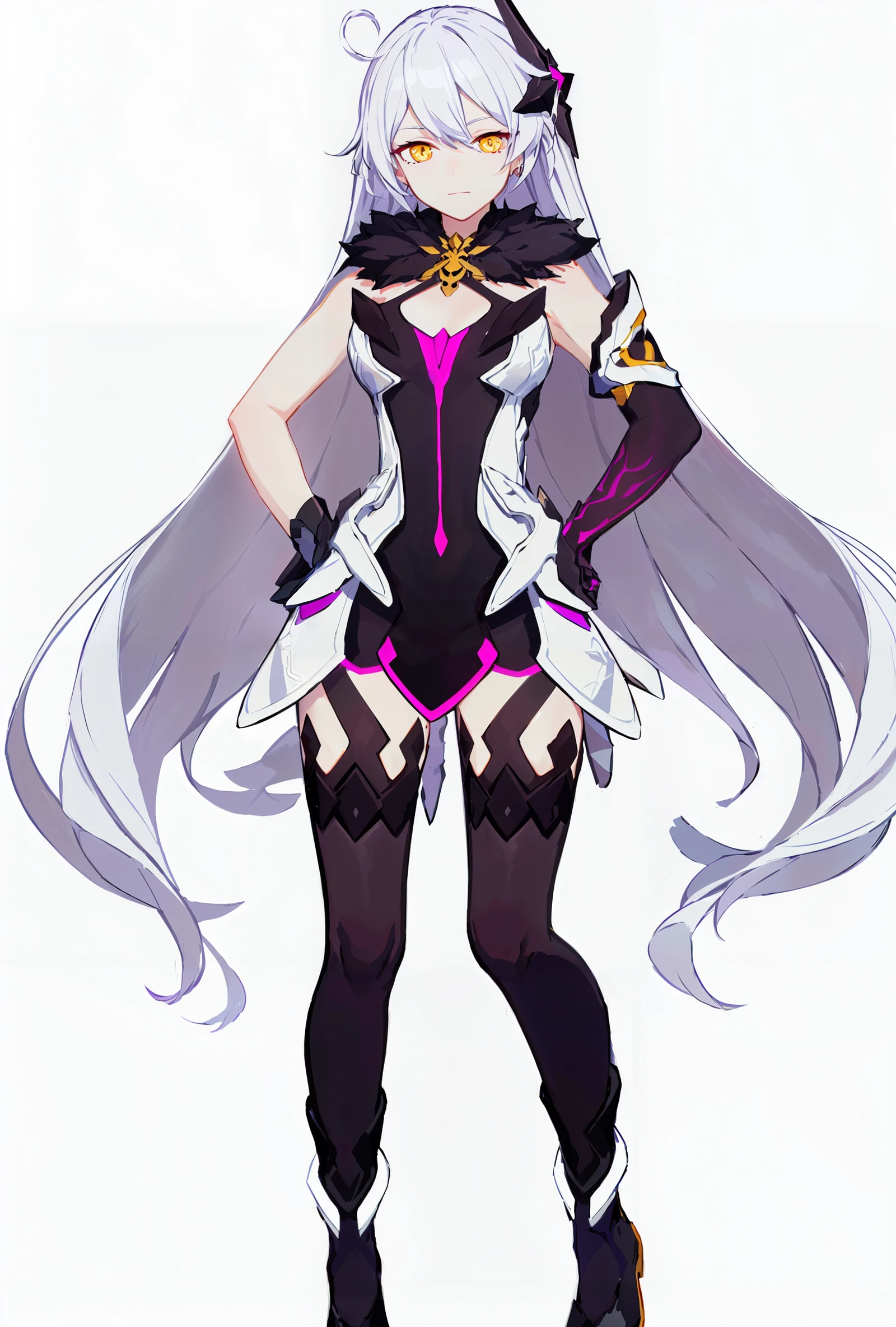 8k, best quality, masterpiece, (ultra-detailed:1.1), (high detailed skin),
(full body:1.3), white background, standing, looking at viewer, (solo:1.4), hand on hip,
<lora:defkonglv-v100:0.8:lbw=OUTALL>, konglv, (+ +, cross-shaped pupils:1.2), 1girl, long hair, gloves, kiana kaslana, thighhighs, asymmetrical gloves, hair ornament, breasts, bangs, single elbow glove, black footwear, yellow eyes,
(white background, simple background:1.6),
(beautiful_face), ((intricate_detail)), clear face,
((finely_detailed)), fine_fabric_emphasis,
((glossy)), full_shot,