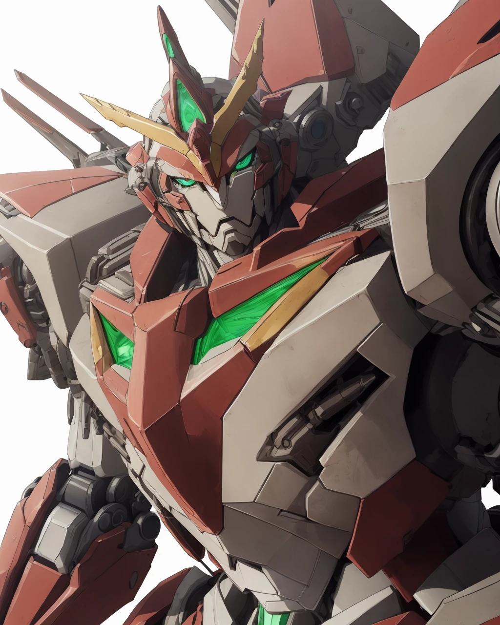 best quality,masterpiece,highly detailed,ultra-detailed, <lora:neg4all_bdsqlsz_V3.5:-1>, <lora:BravernV02:1> bravern, mecha, robot, no humans, solo, science fiction, green eyes, super robot, v-fin lineart,upper body, portrait, fighting stance,, Japanese anime, expressive, diverse, imaginative, emotive, fantastical, detailed, cultural, immersive