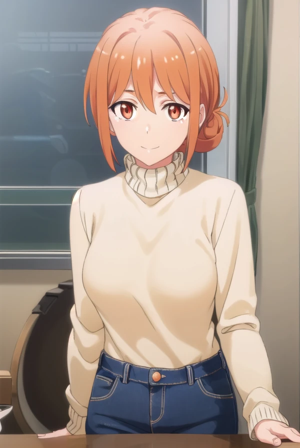 yuigahamama, <lora:mother yuigahama s2s3-lora-nochekaiser:1>,
mother yuigahama, hair bun, mature female, (orange eyes:1.5), orange hair, short hair, single hair bun, hair between eyes, sidelocks, smile,
BREAK denim, jeans, pants, sweater, turtleneck, turtleneck sweater, white sweater,
BREAK indoors, bed,
BREAK looking at viewer, (cowboy shot:1.5),
BREAK <lyco:GoodHands-beta2:1>, (masterpiece:1.2), best quality, high resolution, unity 8k wallpaper, (illustration:0.8), (beautiful detailed eyes:1.6), extremely detailed face, perfect lighting, extremely detailed CG, (perfect hands, perfect anatomy),