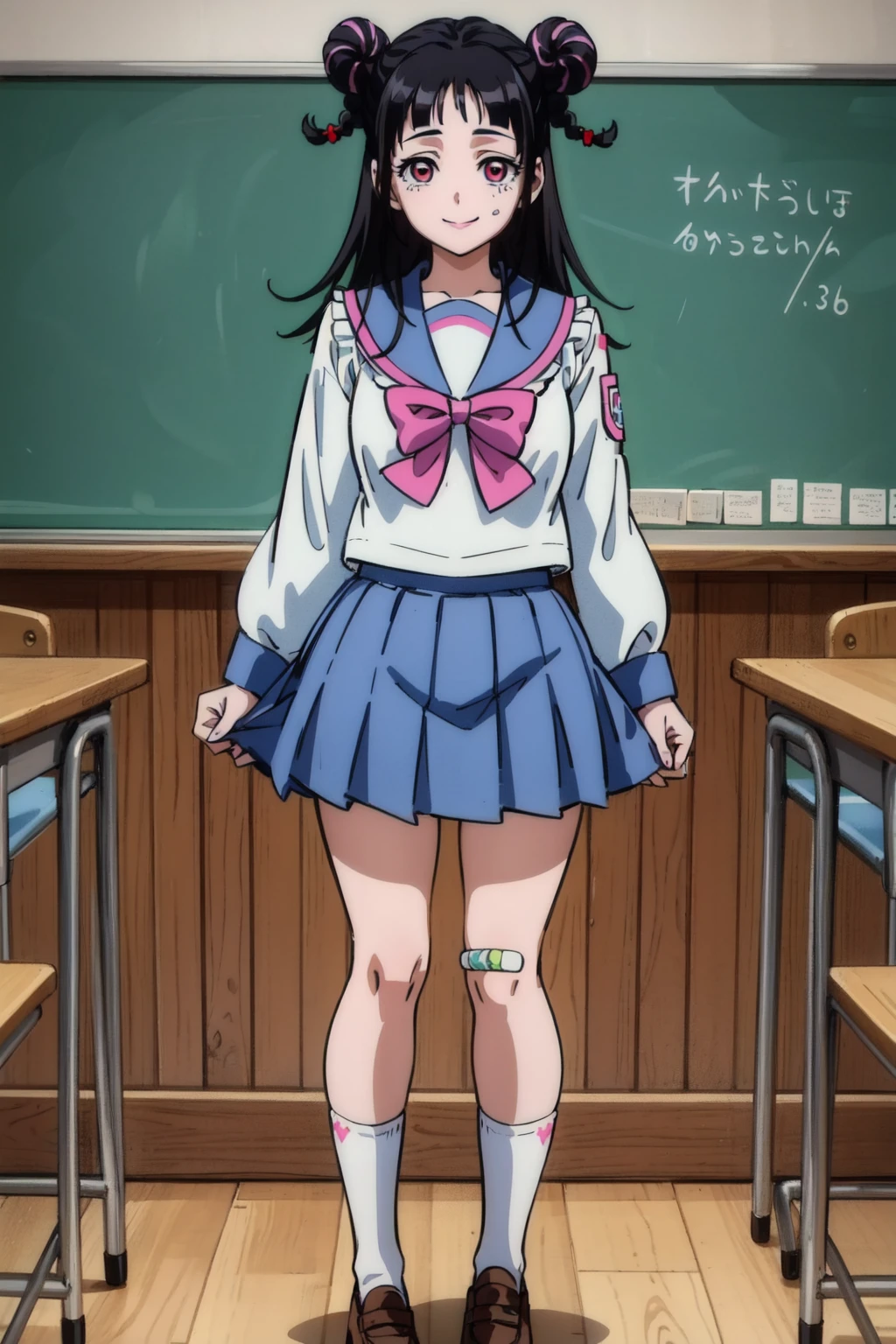 mahoro, 1girl, black hair, solo, double bun, bangs, long hair, twin braids, pink eyes, two-tone hair,school uniform,serafuku, light blue sailor collar, frilled sailor collar, light blue skirt, pink bow, frilled sleeves, (bandaid on knee), white socks, brown loafers, classroom,chalkboard, looking at viewer,smile,standing, full body,shoulder patch,(best quality, masterpiece) <lora:mahoro_v1:1>