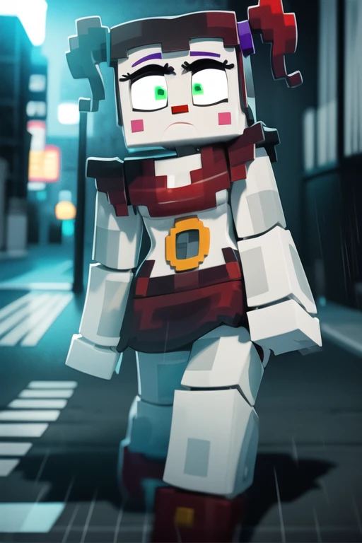 <lora:babymc-08:1> babymc, full body, dark background, city, alley way, rain, zoomed out shot, walking, sad, grey walls, masterpiece, best quality