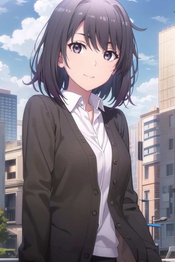 harunoyukinoshita, <lora:haruno yukinoshita s2s3-lora-nochekaiser:1>,
haruno yukinoshita, short hair, hair between eyes, (black eyes:1.5), black hair, gradient hair, two-tone hair, purple hair, smile,
BREAK shirt, white shirt, collared shirt, cardigan, black cardigan,
BREAK outdoors, city, sky, sun, people, crowd, buildings, clouds,
BREAK looking at viewer,
BREAK <lyco:GoodHands-beta2:1>, (masterpiece:1.2), best quality, high resolution, unity 8k wallpaper, (illustration:0.8), (beautiful detailed eyes:1.6), extremely detailed face, perfect lighting, extremely detailed CG, (perfect hands, perfect anatomy),