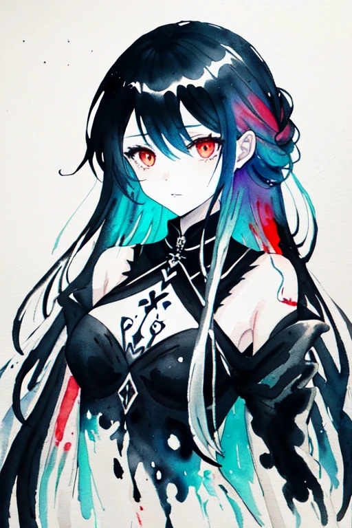 (colorful ink painting:1.4), 1girl, black hair, long hair, pale skin, red eyes, french braid, medium breasts, upper body