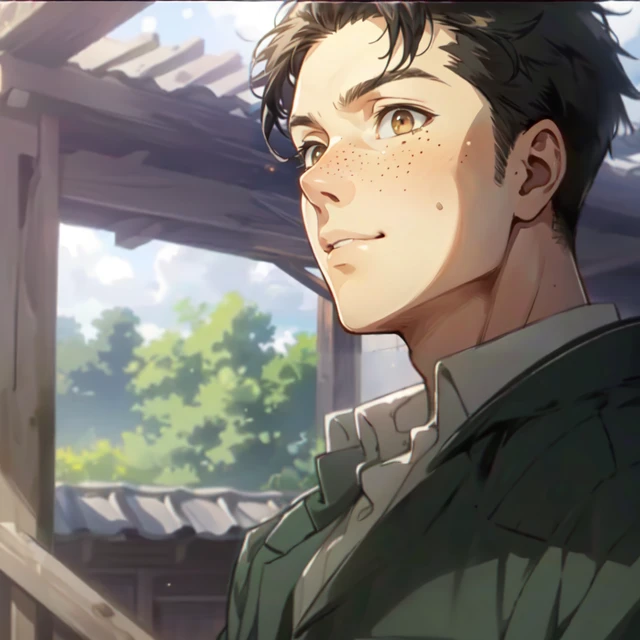 Marco Bodt from Attack on Titan,  (short hair:1.2) (black hair,  center-parted short hair,  very short curtained hair:1.2),  (bare forehead:1.2),  (light brown eyes,  normal size eyes),  wearing pure white collared shirt,  youthful,  freckles,  handsome,  charming,  alluring,  friendly,  (standing),  (upper body in frame),  simple background,  green plains,  cloudy blue sky,  perfect light,  only1 image,  perfect anatomy,  perfect proportions,  perfect perspective,  8k,  HQ,  (best quality:1.5,  hyperrealistic:1.5,  photorealistic:1.4,  madly detailed CG unity 8k wallpaper:1.5,  masterpiece:1.3,  madly detailed photo:1.2),  (hyper-realistic lifelike texture:1.4,  realistic eyes:1.2),  picture-perfect face,  perfect eye pupil,  detailed eyes,  realistic,  HD,  UHD,  (front view:1.2),  portrait,  looking outside frame, <lora:EMS-498-EMS:0>, <lora:EMS-265403-EMS:0.7>