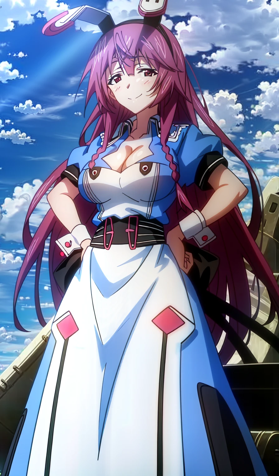 (extremely detailed CG unity 4k wallpaper),(masterpiece),(best quality),(ultra-detailed),(best illustration),(best shadow),(absurdres),(detailed background), <lora:OGT_Tabane_Shinonono-v1:1> Tabane Shinonono, 1girl, breasts, solo, long hair, purple hair, animal ears, v, smile, rabbit ears, cleavage, braid, large breasts, purple eyes, looking at viewer, wrist cuffs, day, outdoors