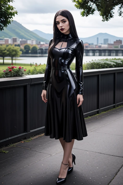 realistic, masterpiece, high detailed skin, looking at viewer, full body shot, scenic view, long hair, black hair
<lora:Latex_Gothic_Long_Dress_By_Stable_Yogi:1> latex pattern, long sleeves, black dress, long gothic dress