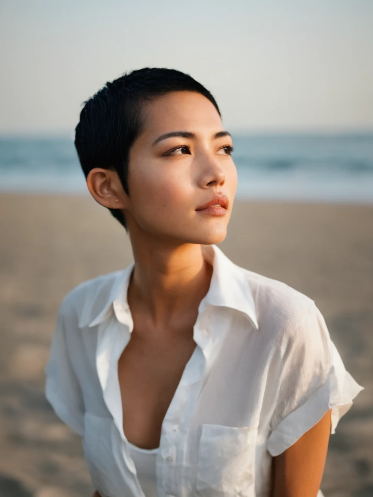 woman, indonesian, dreaming, (looking away:1.7), surprised<lora:A_SHort_Cut_v3_SDXL:1.2>(very short hair:1.2), buzz cut:1.2), on the beach, white shirt, (sunny day),